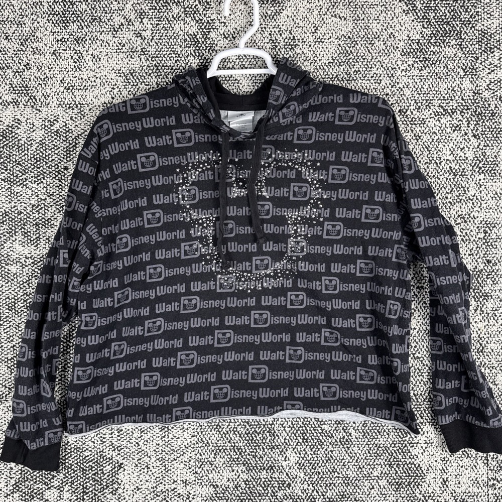 Walt Disney World Cropped Hoodie‎ Womens/Jr XL Bling All Over Print Black